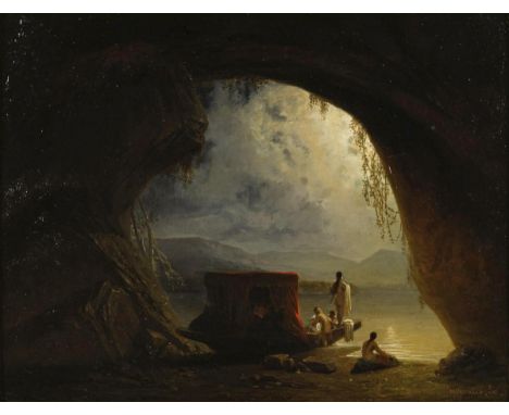             Undeutlich signiert: Badende im MondscheinÖl/Holz. Rechts unten undeutlich signiert. (18)50. 32,5 x 42 cm. Gerahm