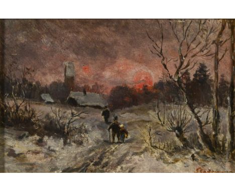                     STADEMANN,             Adolf(1824 München - 1895 München)    Winterlandschaft mit StaffageÖl/Malkarton. R