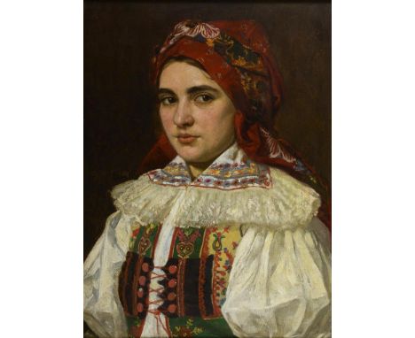                     SVOBODA,             F.    Porträt einer Frau in tschechischer TrachtÖl/Holz. Links unten signiert. 1904.