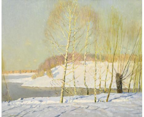             Russischer Maler: WinterlandschaftÖl/Leinwand. Links unten kyrillisch signiert. 20. Jh. 54,5 x 65 cm. Gerahmt : 5