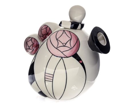 A Lorna Bailey teapot, Mackintosh Rose, black, white and pink, spherical form, 18cm high