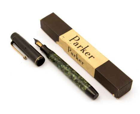 A Parker Victory fountain pen, circa 1941, green opaque, pearlescent barrel with black cap, button filler
