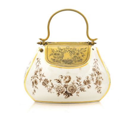 James MacIntyre, a ceramic and gilt metal biscuit barrel in the form of a handbag, transfer printed with brown floral garland