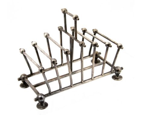Christopher Dresser (attributed) for William Hutton and Sons, a silver plated toast rack, circa 1880, rod and ball design, wi