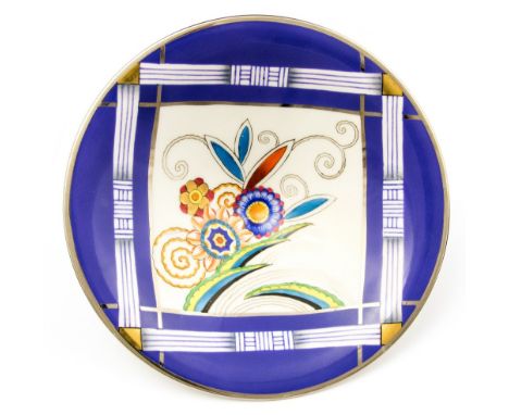 Noritake Art Deco tripod bowl, conical form, painted with geometric floral design within a silver lustre border, 19cm diamete