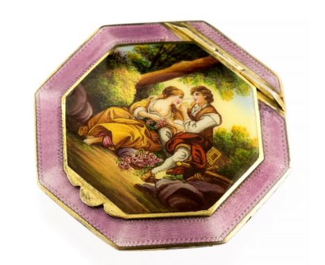 An Austrian silver gilt and enamelled compact, octagonal form with engine tuned pink enamel, the lid with an 18th century cou