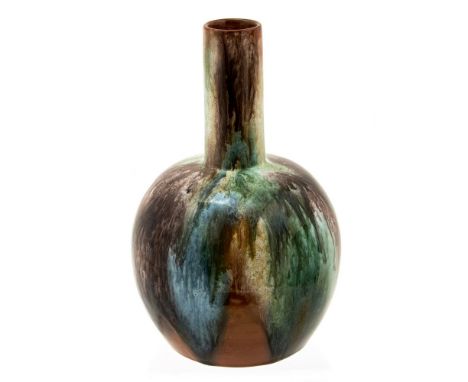 Christopher Dresser for Linthorpe (attributed), an Art Pottery vase, globe and shaft form with streaky aubergine and green/bl