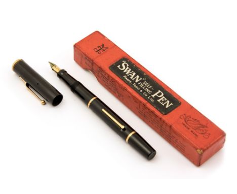 Swan self filler 2 fountain pen, black with double ring and red ripple button to cap, in box