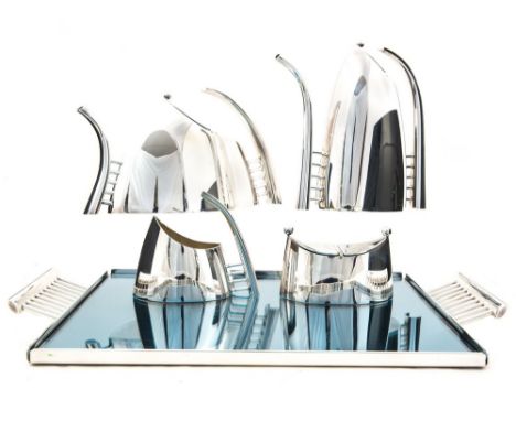 Lino Sabattini, an Italian Fenice silver plated tea and coffee set and tray, designed 1989/1995, including teapot, coffee pot