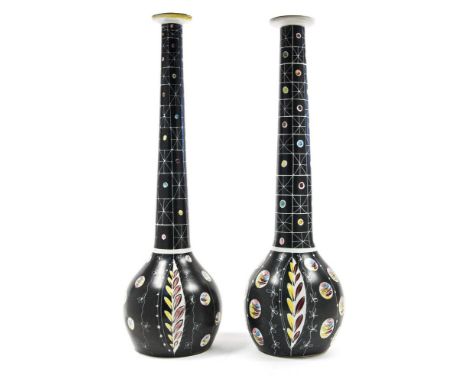 A near pair of Denby Glynn Colledge shaft and globe vases, hand painted, signed to bases, 'Cheviot' pattern, each measuring a