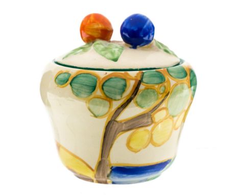 Clarice Cliff for Newport Pottery, a Secrets pattern preserve pot, ogee ovoid form with fruit moulded finial, 8cm high