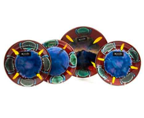 Four 'Intrusion' pattern Poole plates and dish 