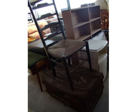 Stick back rush seated chair, tin box and bedside cupboard (3)