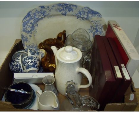 Box of decorative ceramics including glass cockerell paperweight, copper lustre jug, collectors plates etc.