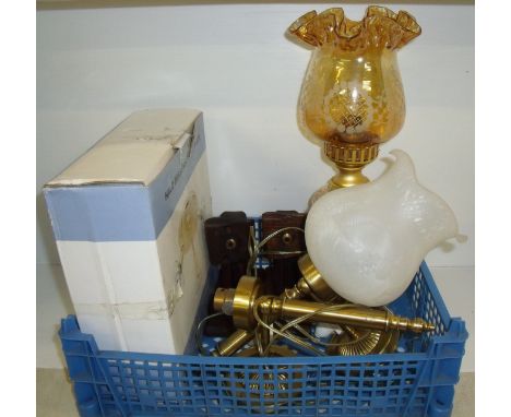 Glass paraffin lamp with frilled shade, brass wall lights etc.
