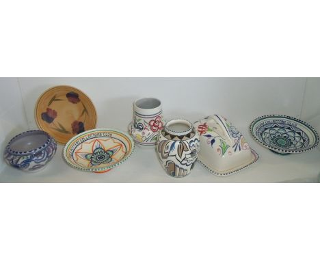 Selection of  1920s - 70s Poole Pottery including butter dish and cover designed by Truda Carter and painted by Gwen Haskins,