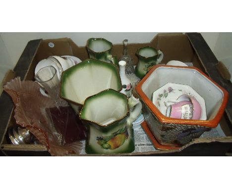 Four pieces of Mayfair Staffordshire England Pottery, Oriental planter, souvenir ware 'Present From Crystal Palace' etc.
