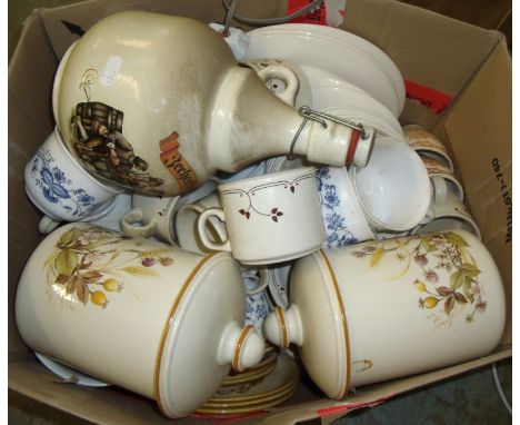 Box of storage canisters, tea ware, lamp base etc.