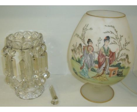 Large oversized opaque glass goblet converted to a table lamp with transfer print Oriental scene and a Victorian glass lustre