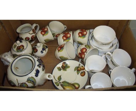 Box of Staffordshire Autumn Fayre tea service, comprising teapot, cups and saucers, sugar bowl, milk jug and part Crown Royal