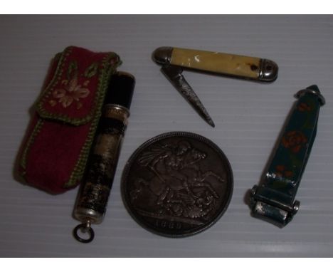 Victorian 1889 crown, small pocket knife pencil & nail clippers (4) 