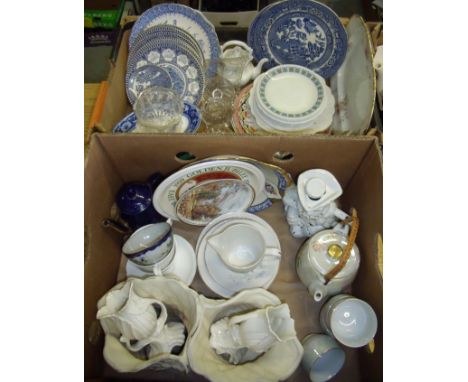 Two boxes of decorative ceramics including Cauldon blue and white bowl, glass salts, Mason's Ringtons calendar plates etc.