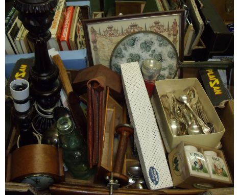 Box of assorted collectables inlcluding carved wooden lamp bases, framed map print of Yorkshire, cutlery, mantle clocks, glas