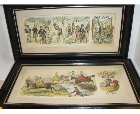 Two framed Mr Punch Pocket Book prints one depicting female hunts women and one depicting ladies and gents on penny farthings