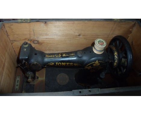 Three vintage sewing machines including Jones, Singer etc. one in wooden case