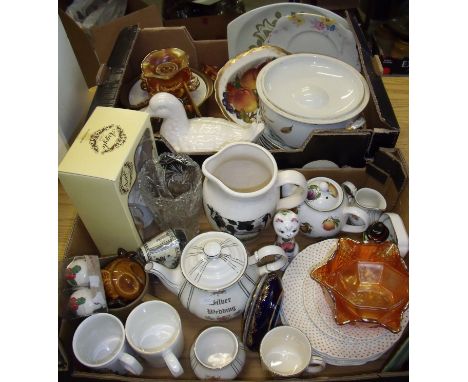 Two boxes of assorted ceramics including Royal Worcester Evesham casserole dish, teapots, jugs etc.