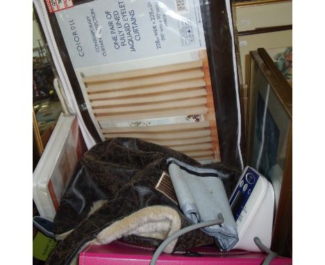 Pair of as new in packet curtains, faux leather dog coat, framed prints etc.
