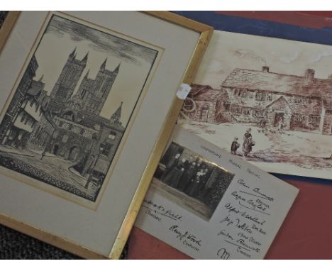 Geo F Reiss, (19th/20th century), after, a print, Exchequer Gate Lincoln, signed and dated 1927,27 x 20cm, mounted framed and