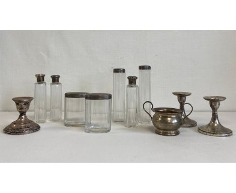 A mixed collection of hallmarked silver and glass to include a set of seven London 1901 silver mounted glass pots with indist