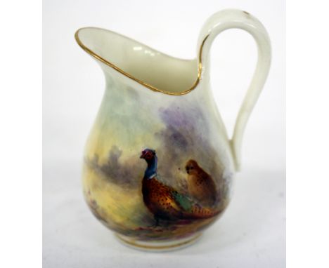 A MINIATURE ROYAL WORCESTER PORCELAIN JUG with hand painted decoration of game birds by James Stinton, 6.5cm in height