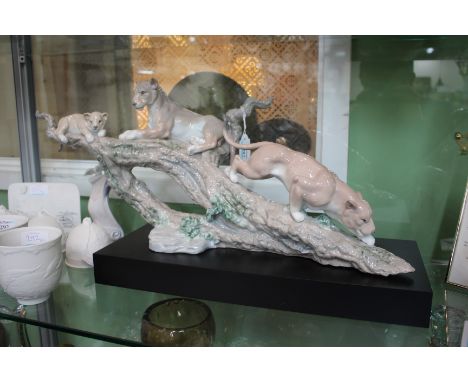 A LIMITED EDITION LLADRO PORCELAIN GROUP OF LIONS ON A BRANCH "Spirit of Shambala", all mounted on a black rectangular plinth
