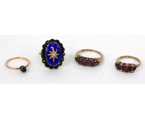 AN ANTIQUE 9 CARAT GOLD RING set with five pink stones and half seed pearls (two lacking) together with an enamel decorated r