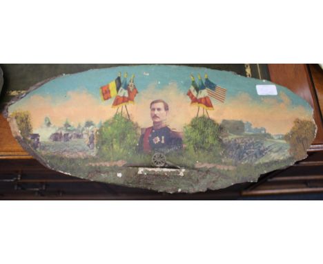 A GROUP OF FIVE OVERPAINTED WOODEN OVAL PANELS depicting figures from World War I, the largest approximately 59cm wide (5)