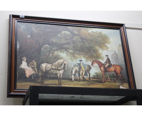 A DECORATIVE OIL PAINTING in the 18th century style of a group of figures out riding, indistinctly signed lower right, oil on