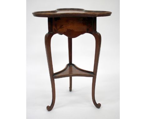 A LATE 19TH CENTURY WALNUT TRIPOD OCCASIONAL TABLE with inlaid floral decoration and a shaped top, 53cm wide 