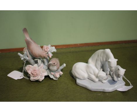 A LLADRO PORCELAIN FIGURAL GROUP OF THREE POLAR BEARS, number 1443, together with a further Lladro porcelain group of two bir
