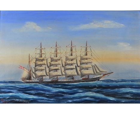 20TH CENTURY DANISH SCHOOL Portrait of a four masted training ship at sea, indistinctly inscribed, oils on canvas, 42 x 62cm