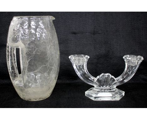 AN ART DECO, POSSIBLY CONTINENTAL, GLASS LEMONADE JUG, 22cm high together with a two branch candle stick with engraved signat