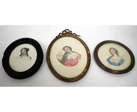 A WATERCOLOUR PORTRAIT MINIATURE OF A LADY with a pearl necklace and a pink dress set in an oval frame, the frame 17cm wide o