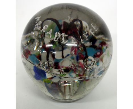 A VICTORIAN DUMP GLASS PAPERWEIGHT of domed form containing bubbles and various enamel colours within and with internal inscr