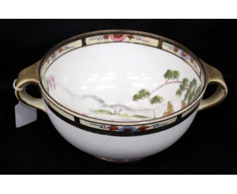 A NORITAKE BOWL decorated with Japanese figures in a landscape with temples, the bowl with looping handles to either side, 21