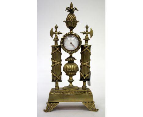 A BRASS MANTLE CLOCK mounted with a George Clerke of London pocket watch movement, the enamelled dial with Arabic numerals, 5