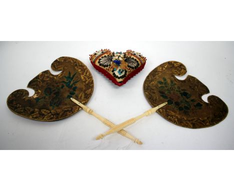 A PAIR OF 19TH CENTURY FACE SCREENS with ivory sticks and shaped screens with flower and oak leaf decoration, 23.5cm wide tog