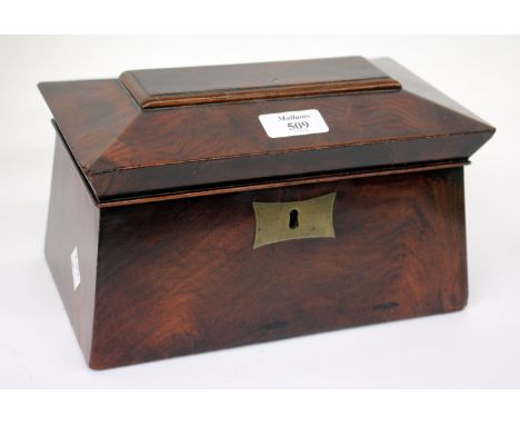 A 19TH CENTURY MAHOGANY TEA CADDY of sarcophagus form, 25cm wide together with a Victorian mahogany writing box, a pair of ca
