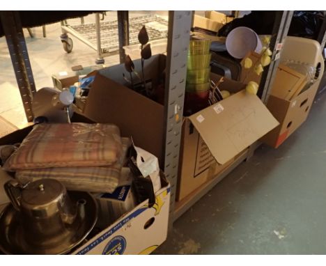 Four boxes of generic household items to include a table lamp food processor glass and ceramics cast iron cauldron stainless 