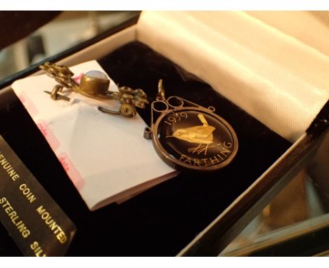 George VI 1939 farthing mounted in gilded silver pendant and a vintage bar brooch set with opal and white stones 